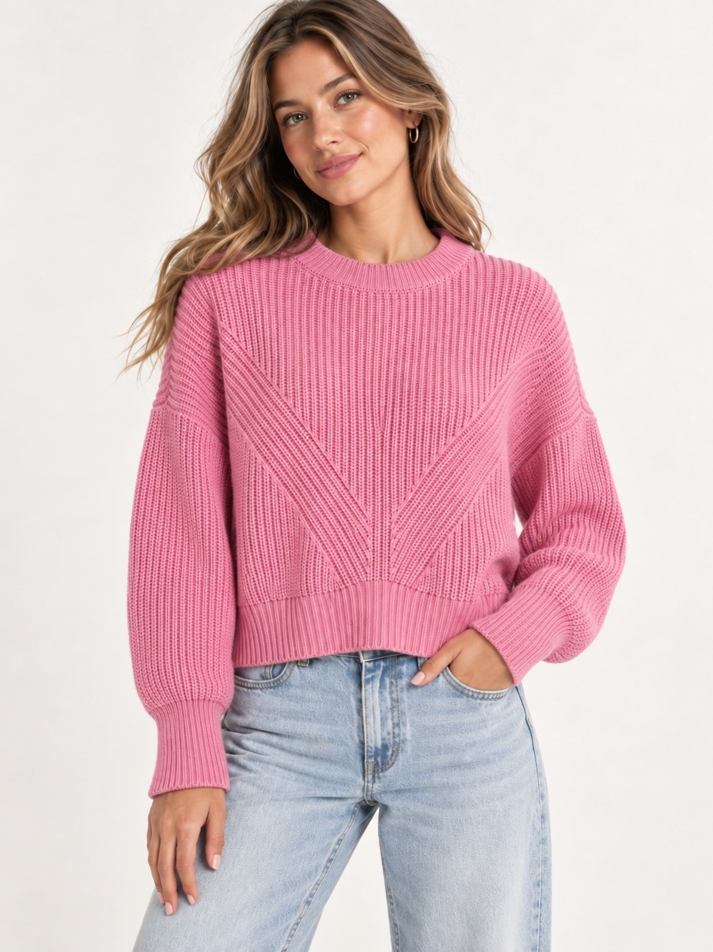 Abercrombie & Fitch Pink Chunky Knit Cropped Sweater Women’s M Balloon Sleeve